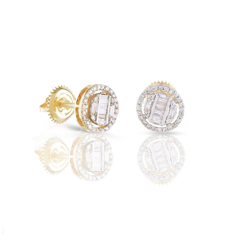 1.0Ct Baguette and Round Diamond Yellow Gold Stud Earrings