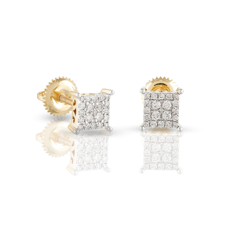 14K Gold Round Diamond Square Cluster Stud Earring