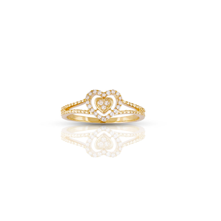 14K Yellow Gold Double Heart Diamond Ring