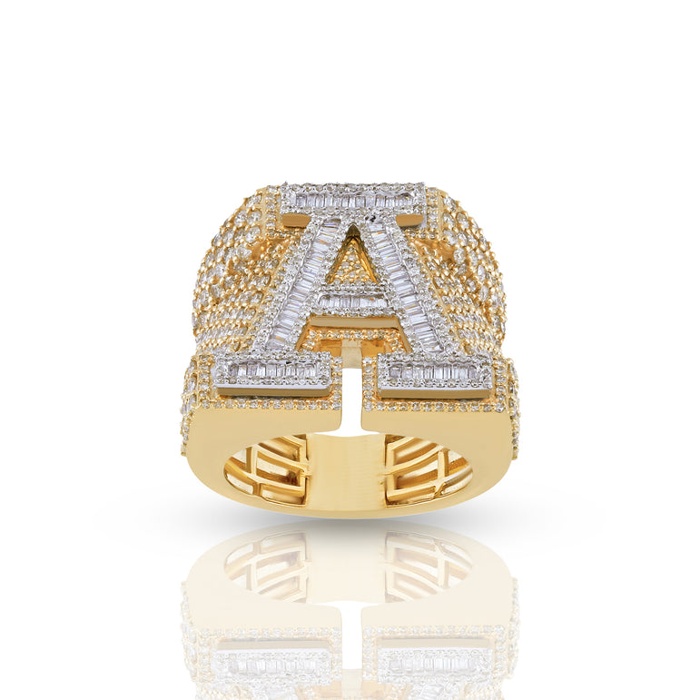 10K Gold Baguette and Round Diamond Initial Letter Ring