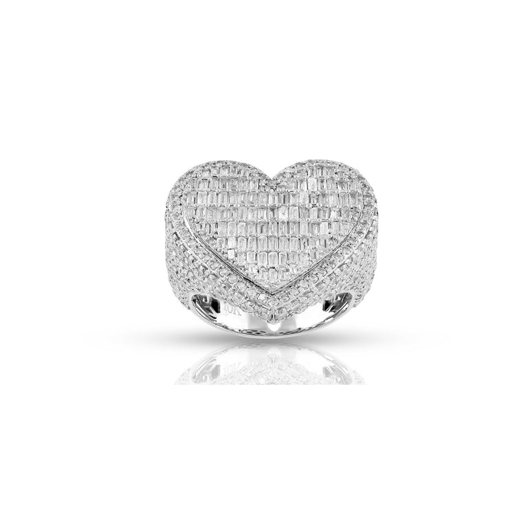 24mm White Gold Baguette and Round Diamond Cluster Heart Ring