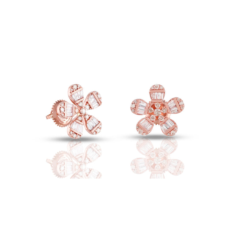 Rose Gold Baguette and Round Diamond Flower Stud Earrings