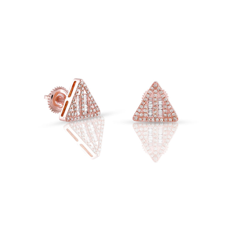Rose Gold Baguette & Round Diamond Triangle Stud Earrings