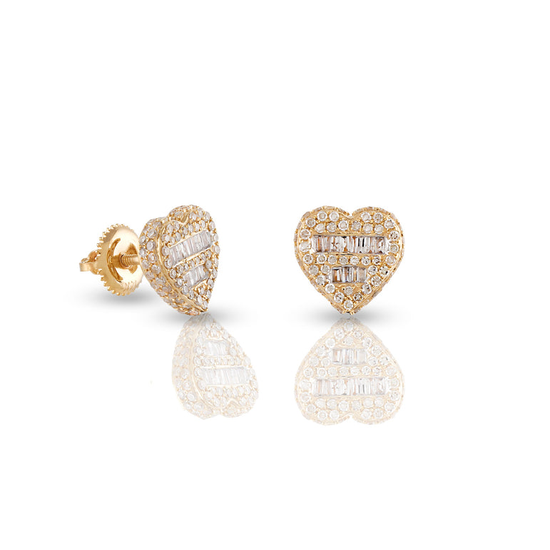 Yellow Gold Baguette and Round Diamond Heart Stud Earrings
