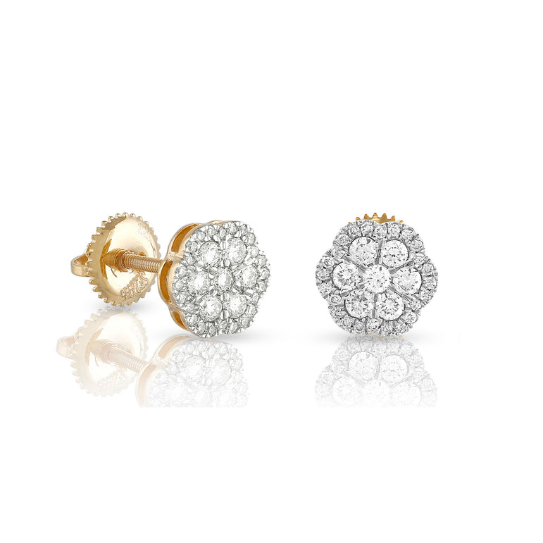 Yellow Gold Round Diamond Flower Stud Earrings