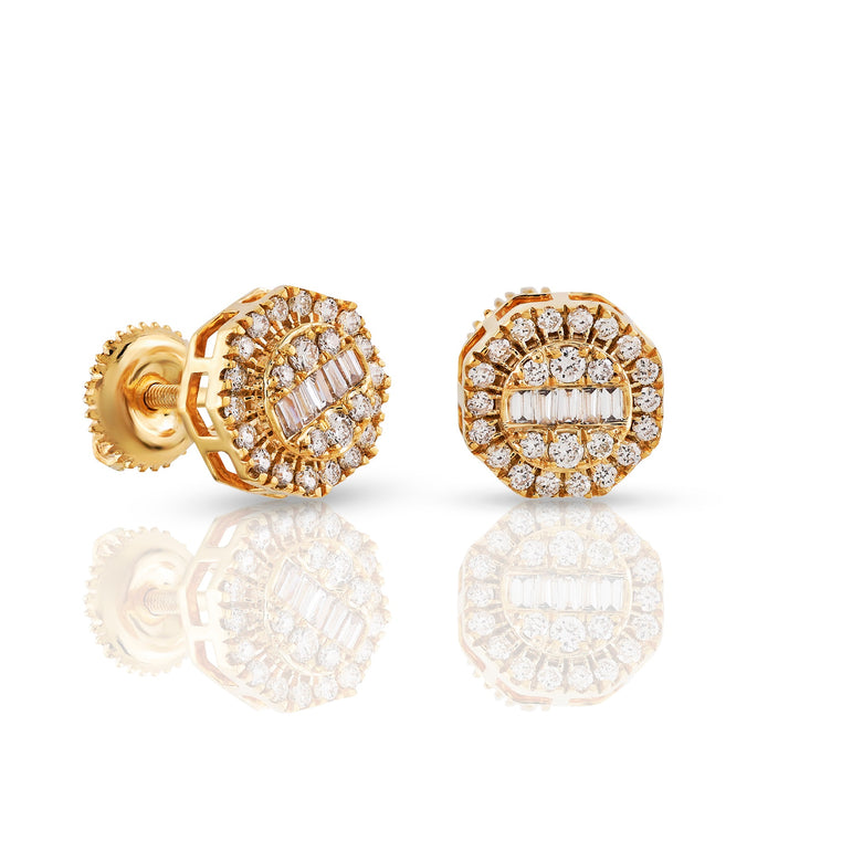 Yellow Gold Baguette And Round Diamond Octa Stud Earring