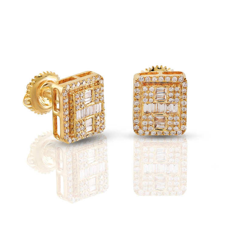 Yellow Gold Baguette And Round Diamond Square Stud Earring