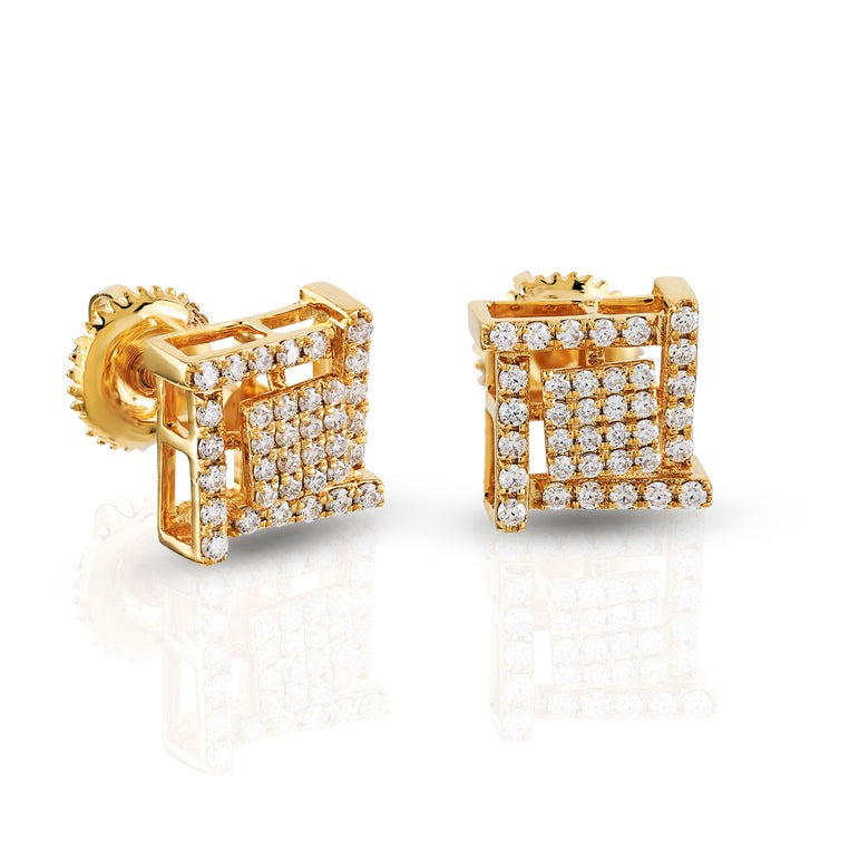 Yellow Gold Round Diamond Square Stud Earring