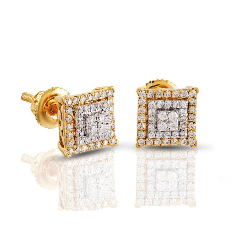 0.20 Ct Yellow Gold Round Diamond Square Stud Earrings