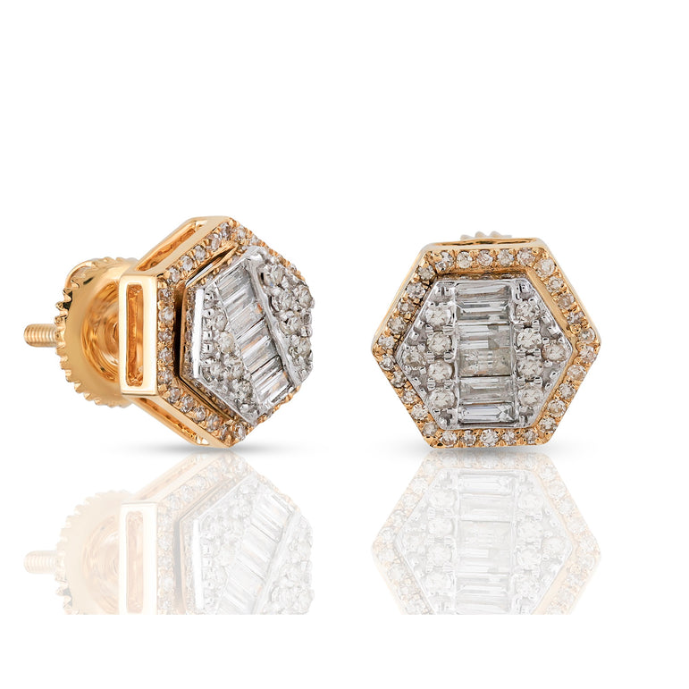 Yellow Gold Baguette And Round Diamond Octa Stud Earring
