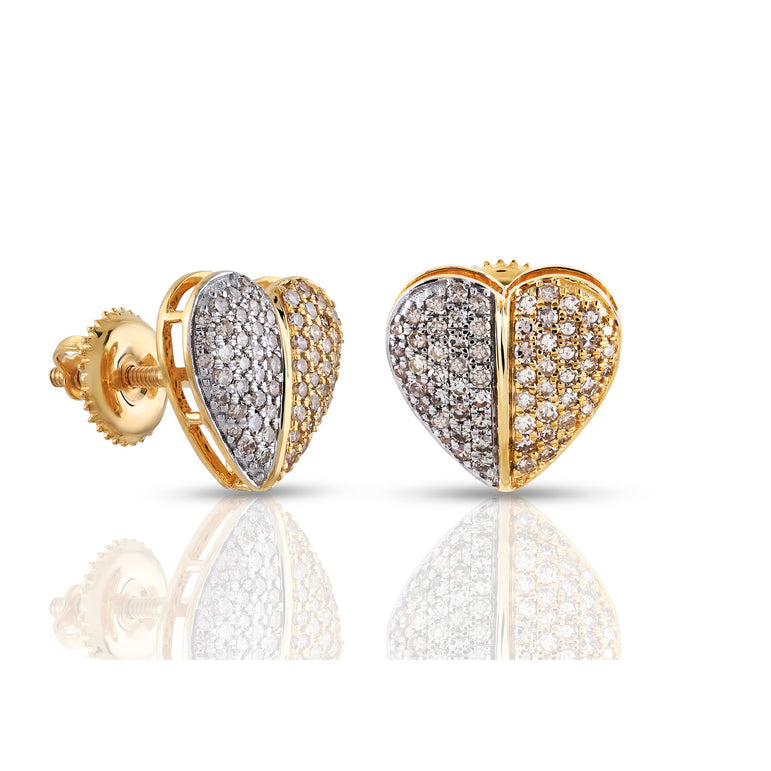 Yellow Gold Round Diamond Two Toned Heart Stud Earring