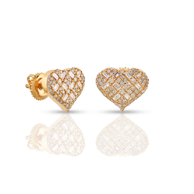 Yellow Gold Baguette and Round Diamond Heart Stud Earrings
