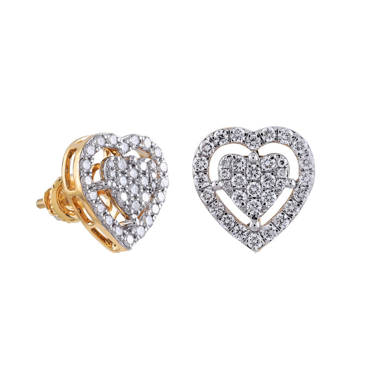 Yellow Gold Round Diamond Double Heart Earring