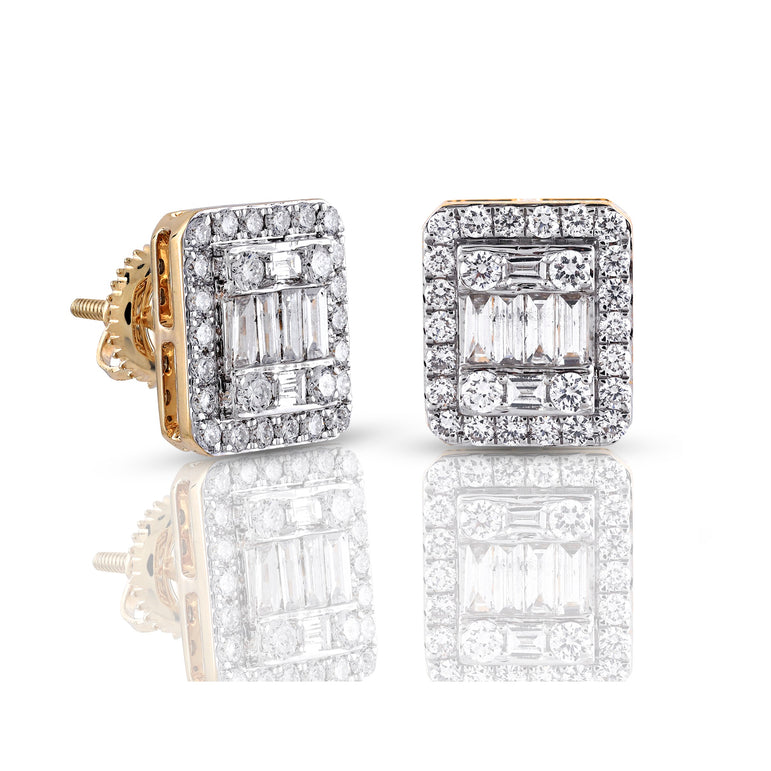 Yellow Gold Baguette And Round Diamond Square Stud Earring..