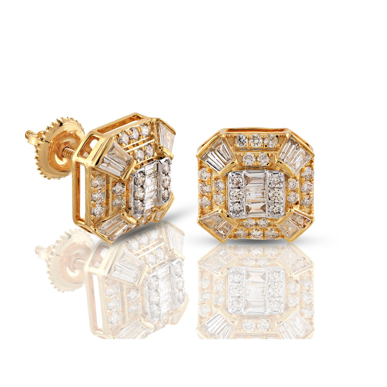 Yellow Gold Baguette and Round Diamond Octa Stud Earrings