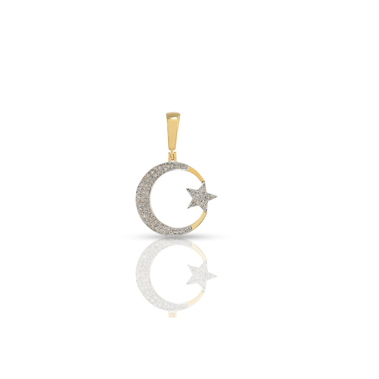 14K Yellow Gold Round Diamond Moon Star Pendant