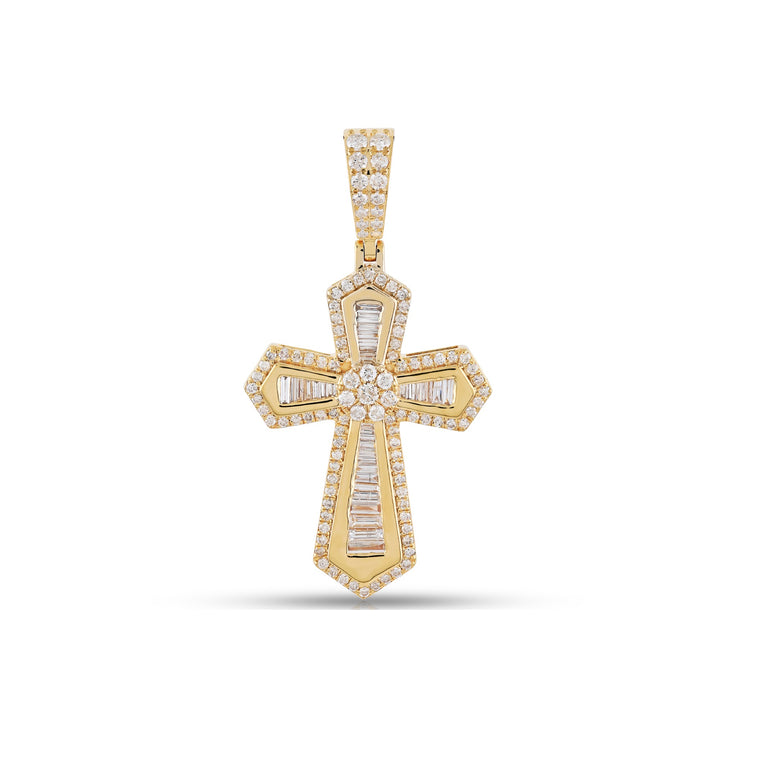 Yellow Gold Baguette and Round Diamond Cross Pendant