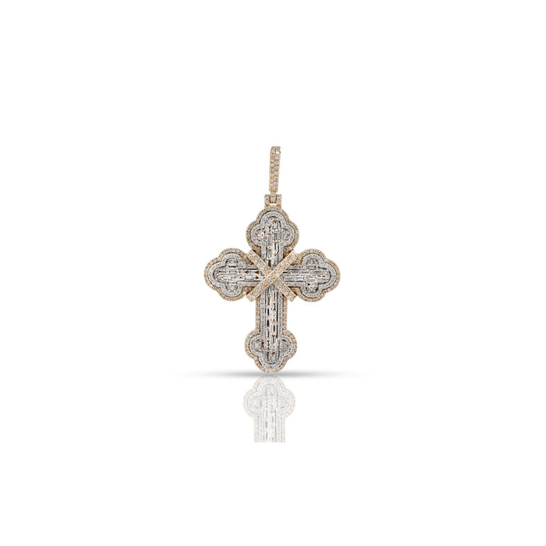 Yellow Gold Round and Baguette Diamond Cross Pendant