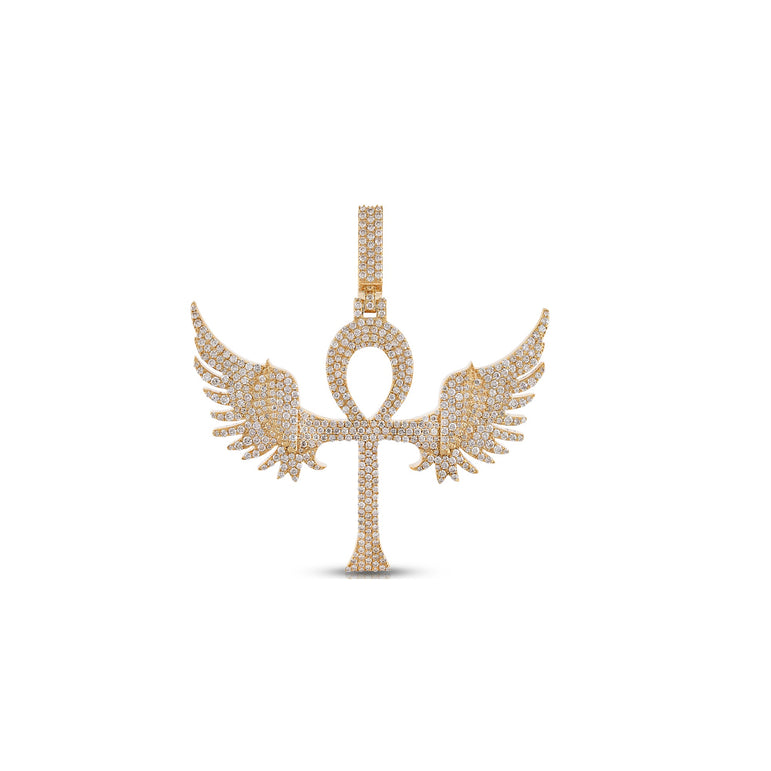 Yellow Gold Round Diamond Wings with Cross Pendant