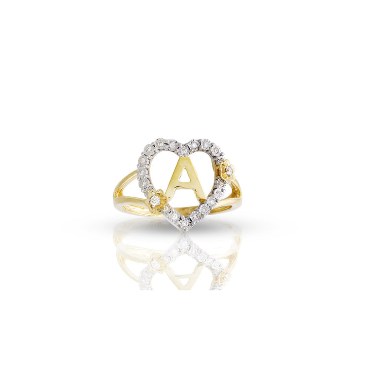14K Yellow Gold Round Diamond Heart Initial Ring