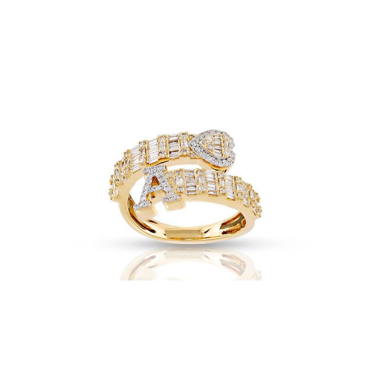 10K Gold Round and Baguette Diamond Heart Initial Cuff Ring