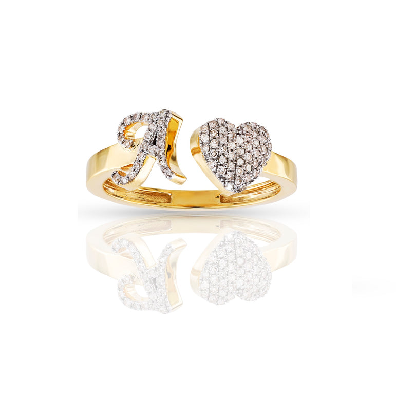 14K Yellow Gold Round Diamond Initial Heart Ring