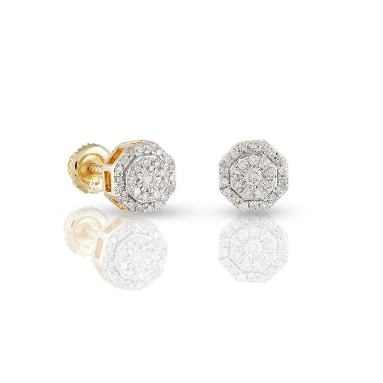 Yellow Gold Diamond Cluster Octagon Stud Earrings