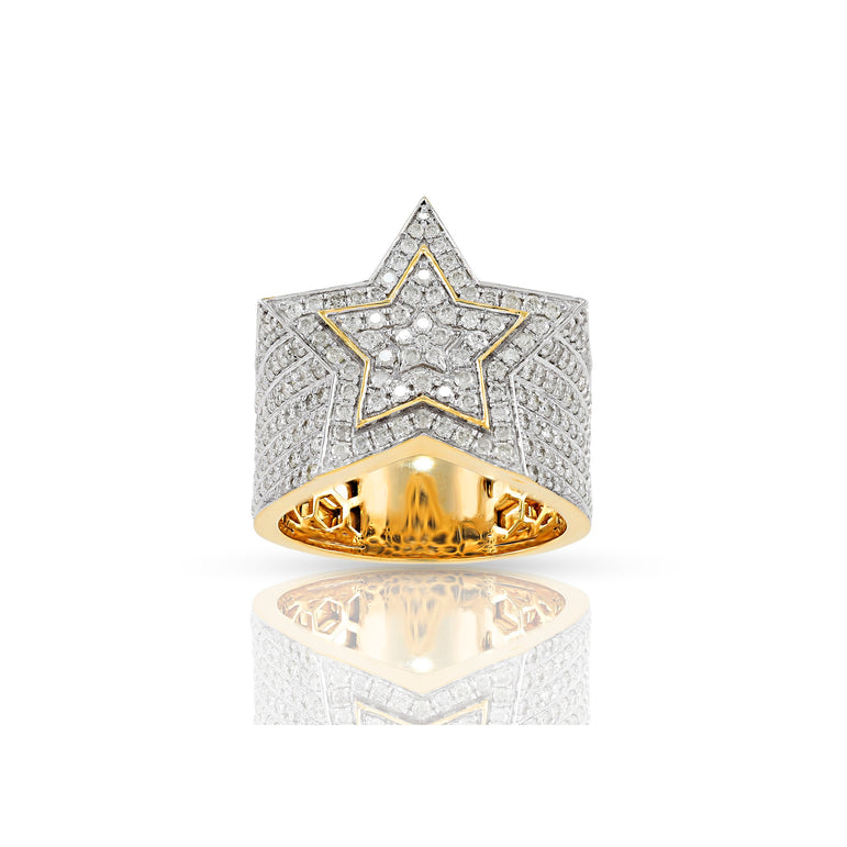 Yellow Gold Round Diamond Cluster Men's Star Ring
