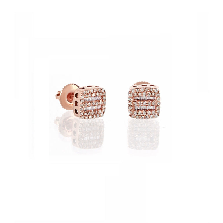 0.30Ct Round and Baguette Diamond Rose Gold Square Earrings