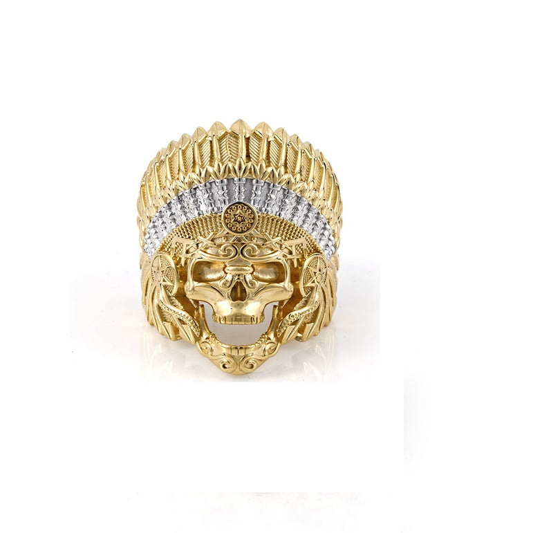 14K Yellow Gold Chief Skull Ring for Men