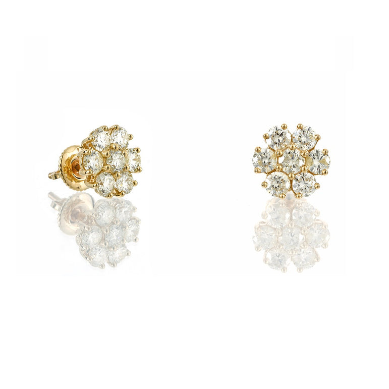 14K Yellow Gold Round Diamond Flower Studs Earrings