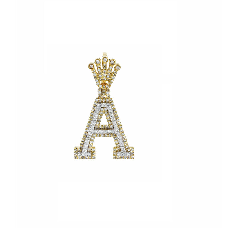 Yellow Gold Round Diamond Crown Initial Letter Pendant