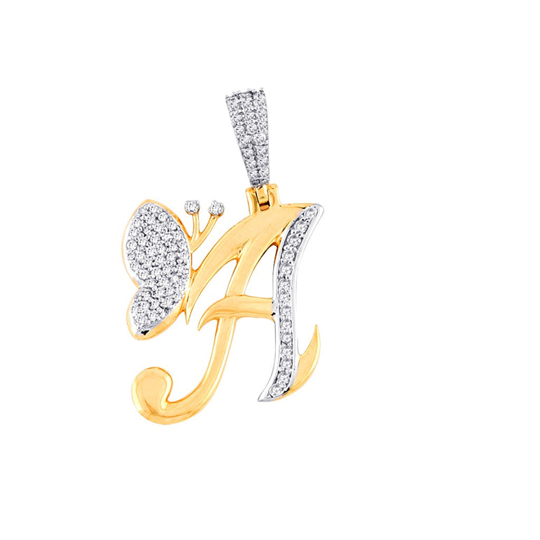10K Yellow Gold Round Diamond Butterfly Initial Pendant