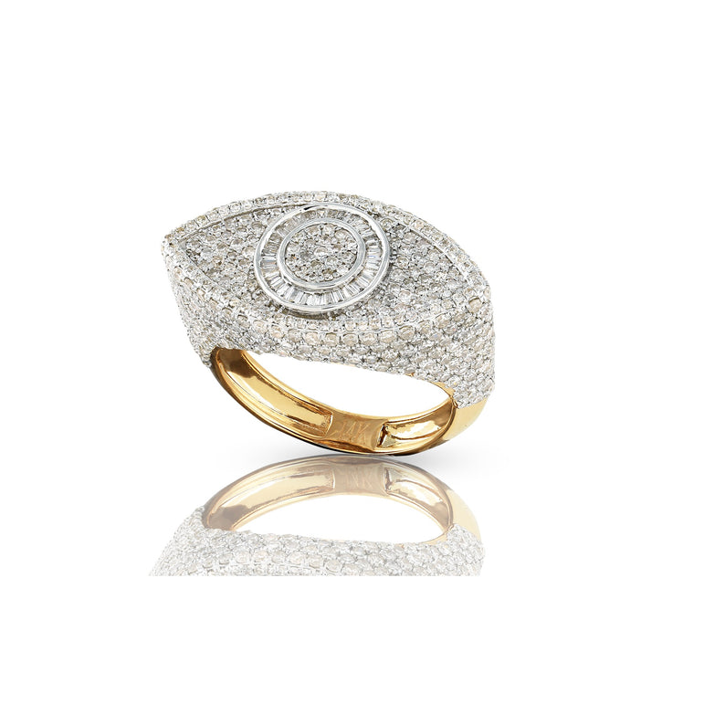 Yellow Gold Baguette and Round Diamond Evil Eye Ring