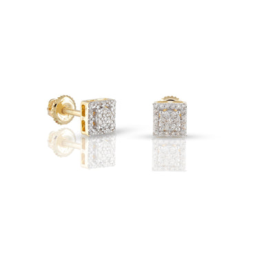 0.13Ct Yellow Gold Round Diamond Cluster Square Earrings