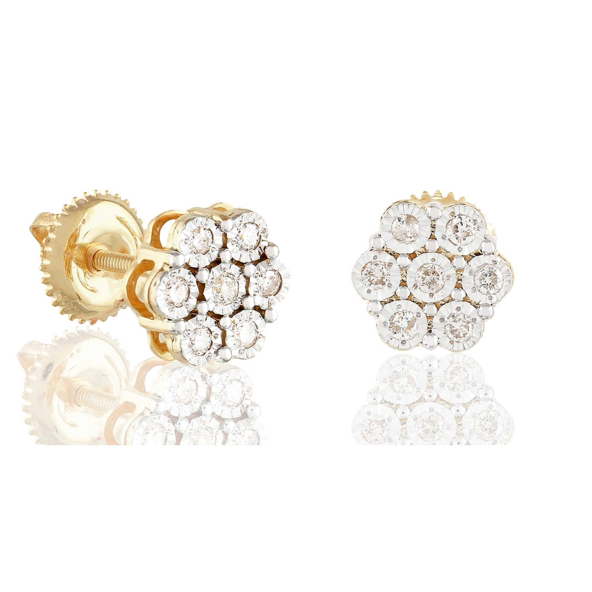 0.17Ct Yellow Gold Round Diamond Cluster Flower Earrings