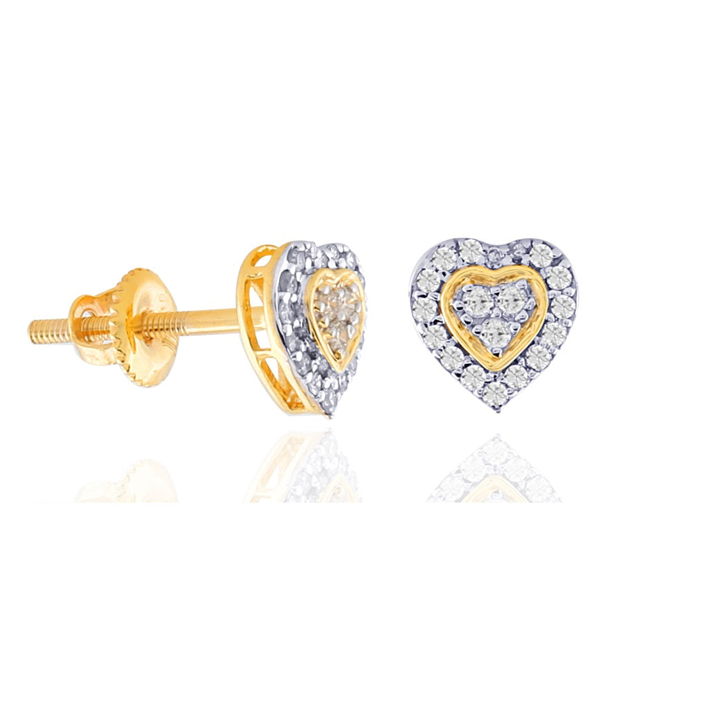 0.20Ct Yellow Gold Double Heart Diamond Stud Earrings