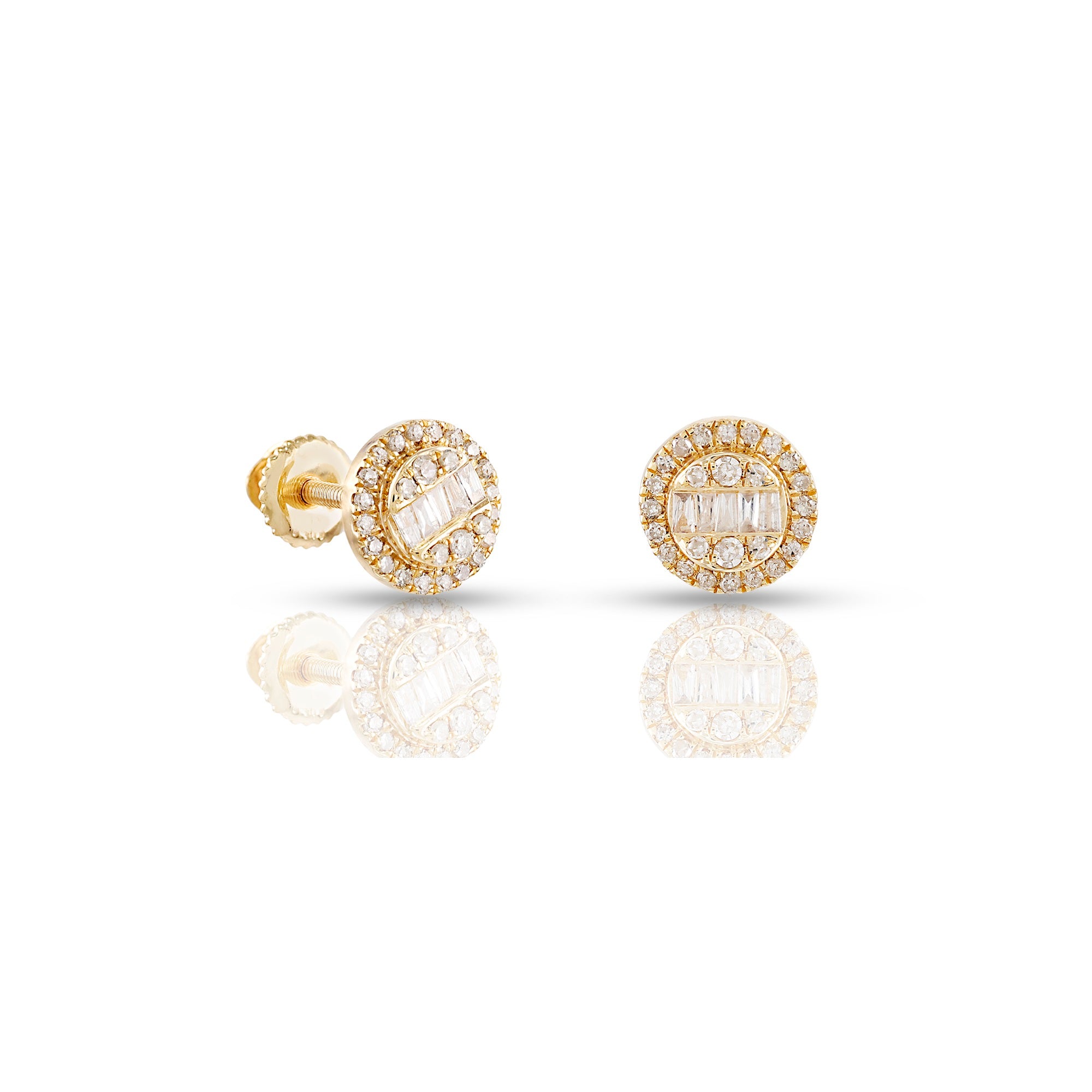 0.23Ct Baguette and Round Diamond Yellow Gold Stud Earrings