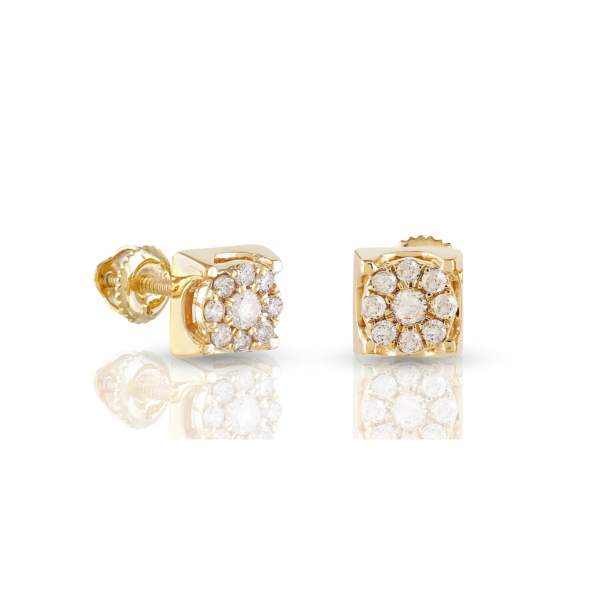 0.23Ct Yellow Gold Round Diamond Square Stud Earring