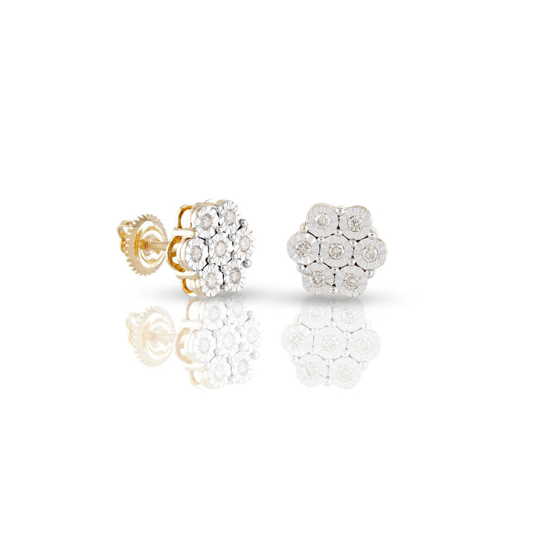 0.25Ct Diamond Cluster Yellow Gold Flower Earrings