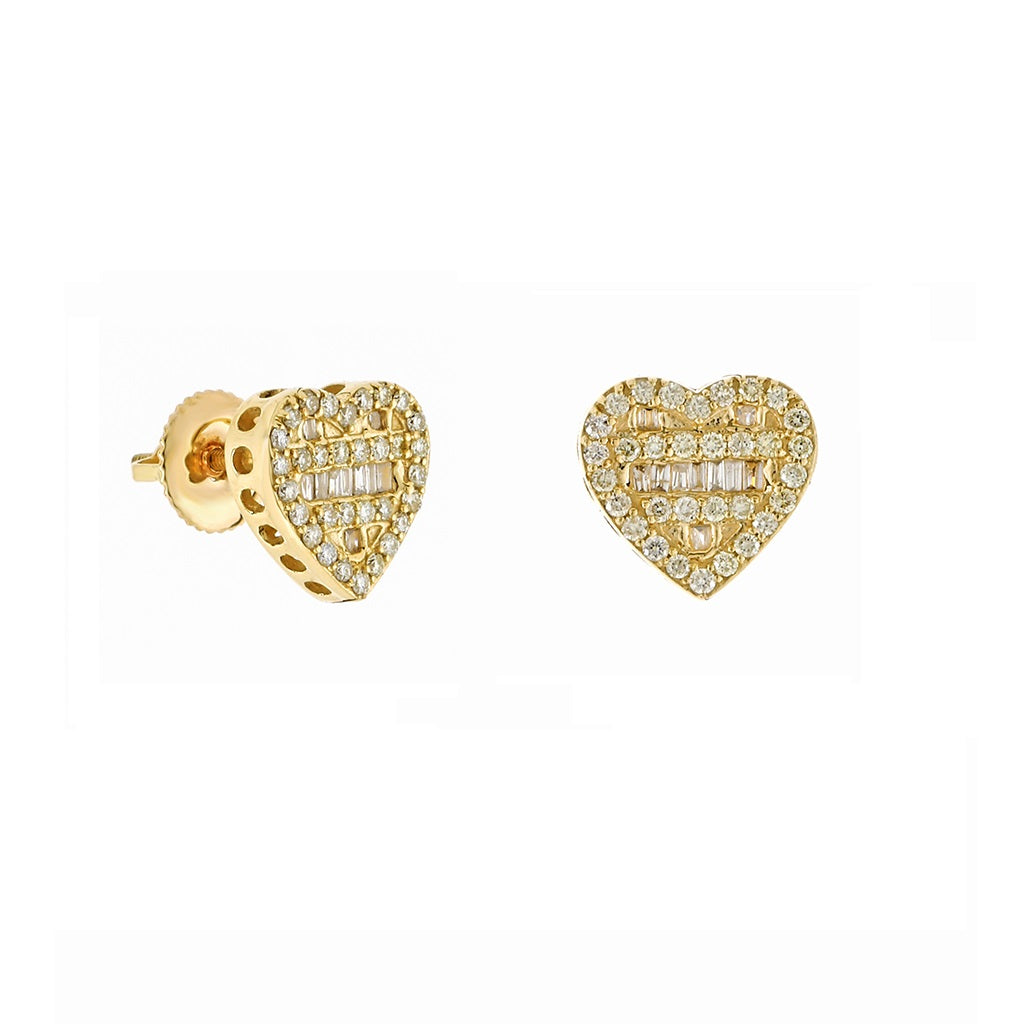 0.25Ct Round and Baguette Diamond Gold Heart Stud Earrings