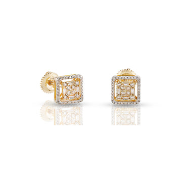 0.28Ct Baguette Round Diamond Yellow Gold Square Earrings