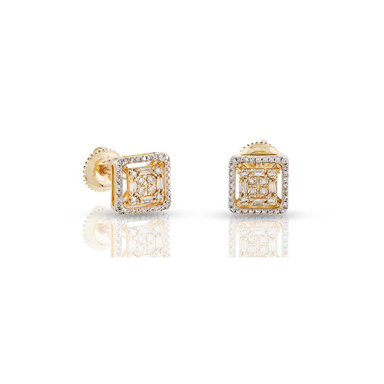 0.28Ct Baguette Round Diamond Yellow Gold Square Earrings