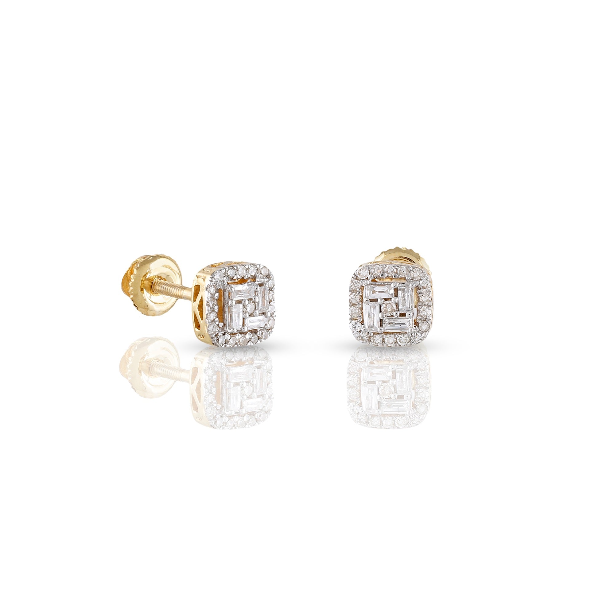 0.32Ct Round and Baguette Diamond Yellow Gold Stud Earrings