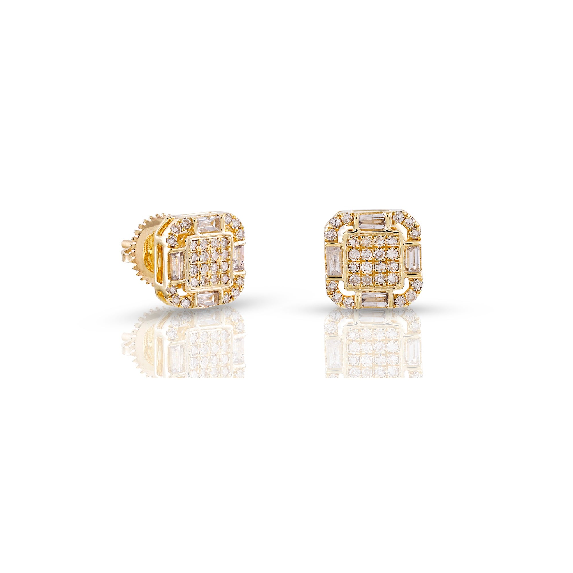 0.37Ct Yellow Gold Round and Baguette Diamond Square Earrings