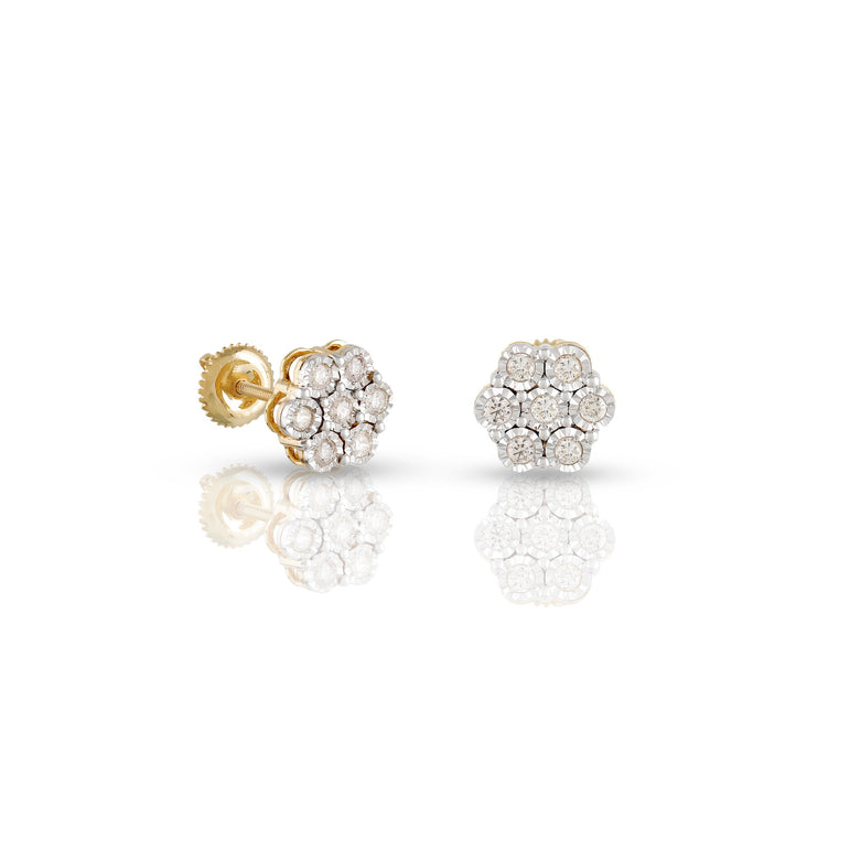 Yellow Gold Round Diamond Flower Stud Earrings