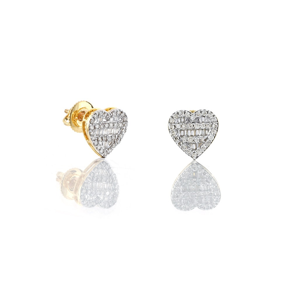 0.41Ct Yellow Gold White Diamond Cluster Heart Stud Earrings