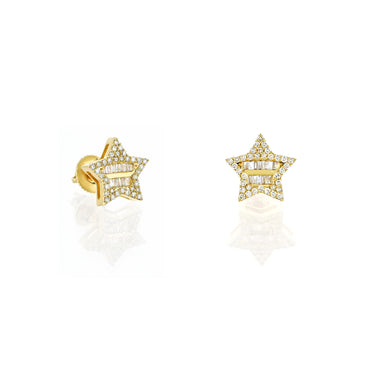 0.42Ct Yellow Gold Baguette Round Diamond Star Earrings