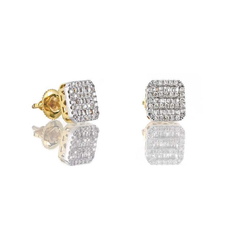 0.44Ct Yellow Gold Baguette Round Diamond Stud Earrings