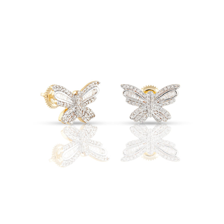 0.45Ct Baguette Round Diamond Yellow Gold Butterfly Earrings